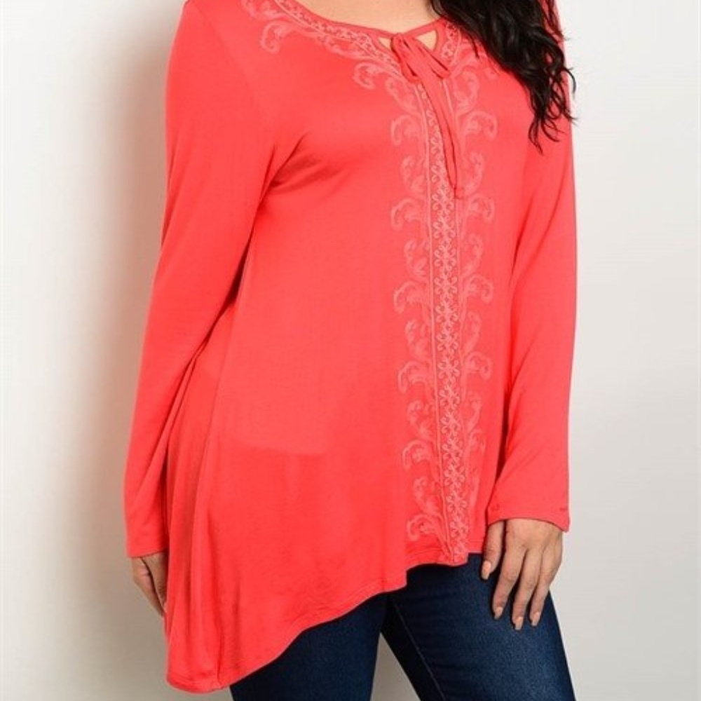 Coral Plus Size Embroidered Loose Top